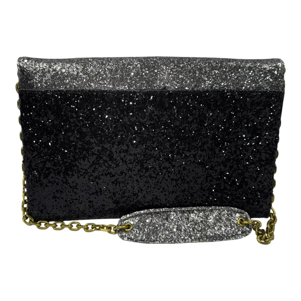 J CREW Black Silver Glitter Chain Cocktail Party Small Envelope Purse Bag Clutch